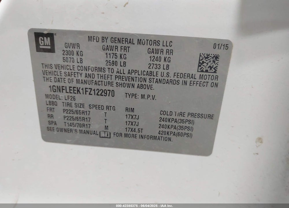 2015 CHEVROLET EQUINOX LS VIN: 1GNFLEEK1FZ122970