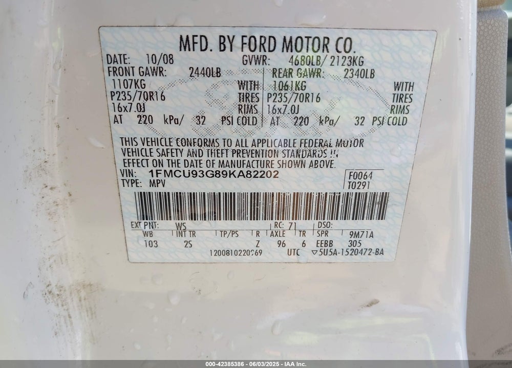 2009 FORD ESCAPE VIN: 1FMCU93G89KA82202