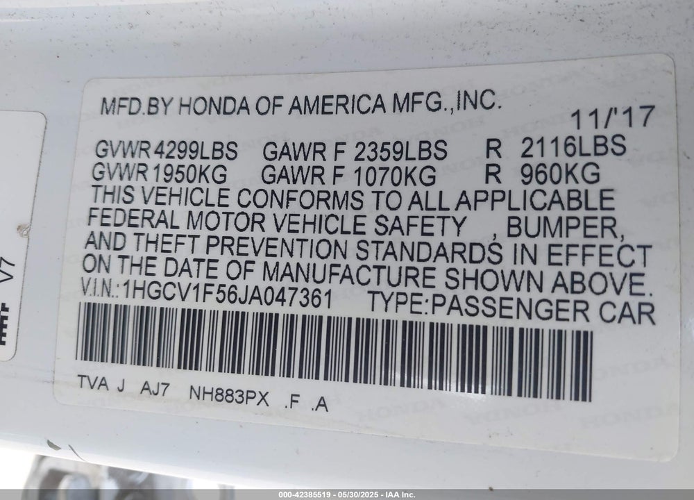2018 HONDA ACCORD VIN: 1HGCV1F56JA047361