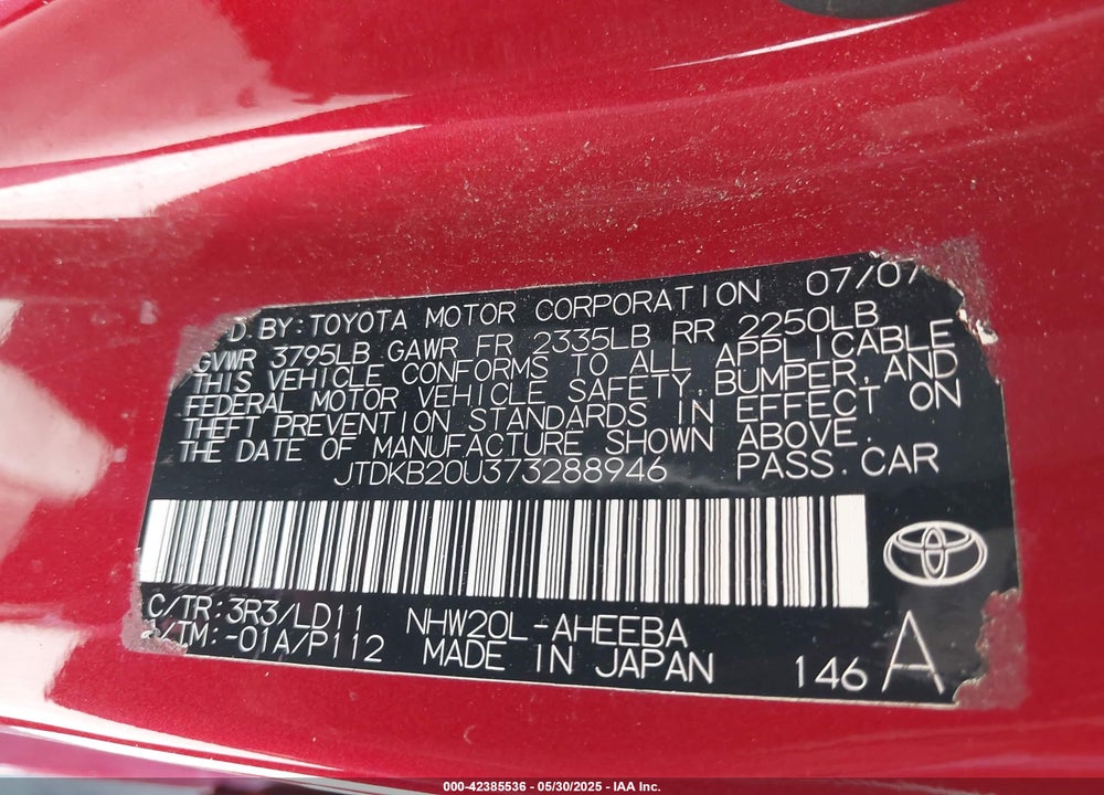 2007 TOYOTA PRIUS VIN: JTDKB20U373288946