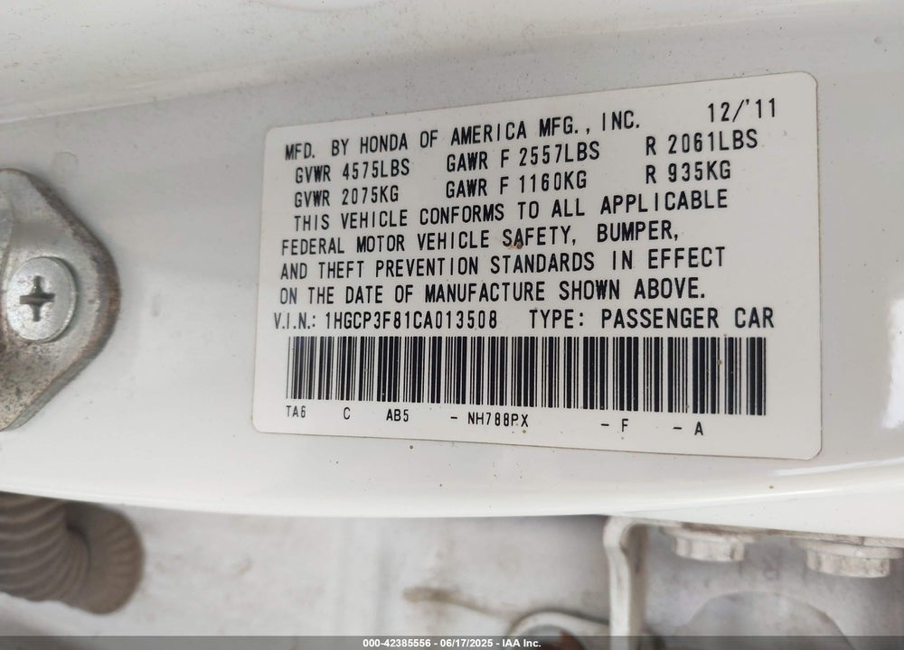 2012 HONDA ACCORD 3.5 EX-L VIN: 1HGCP3F81CA013508