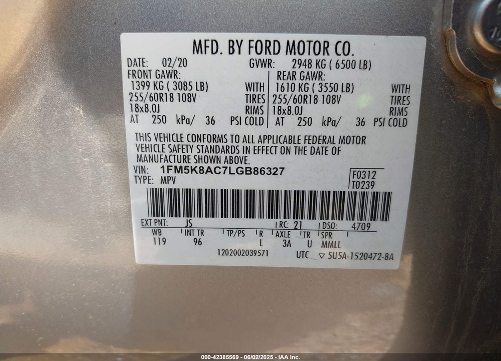 2020 FORD EXPLORER VIN: 1FM5K8AC7LGB86327