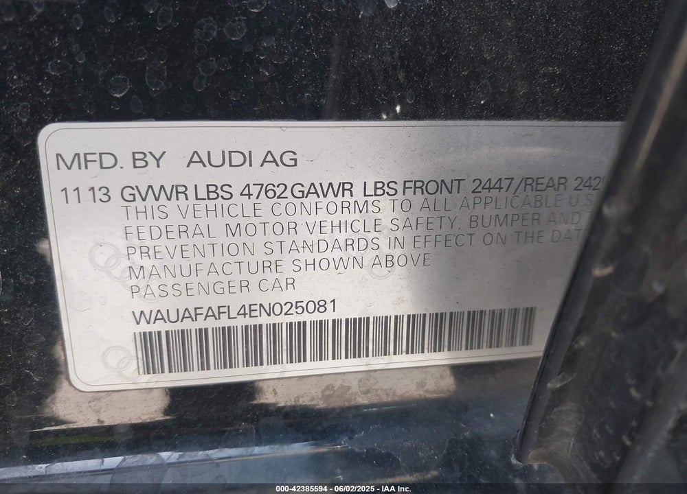 2014 AUDI A4 2.0T PREMIUM VIN: WAUAFAFL4EN025081