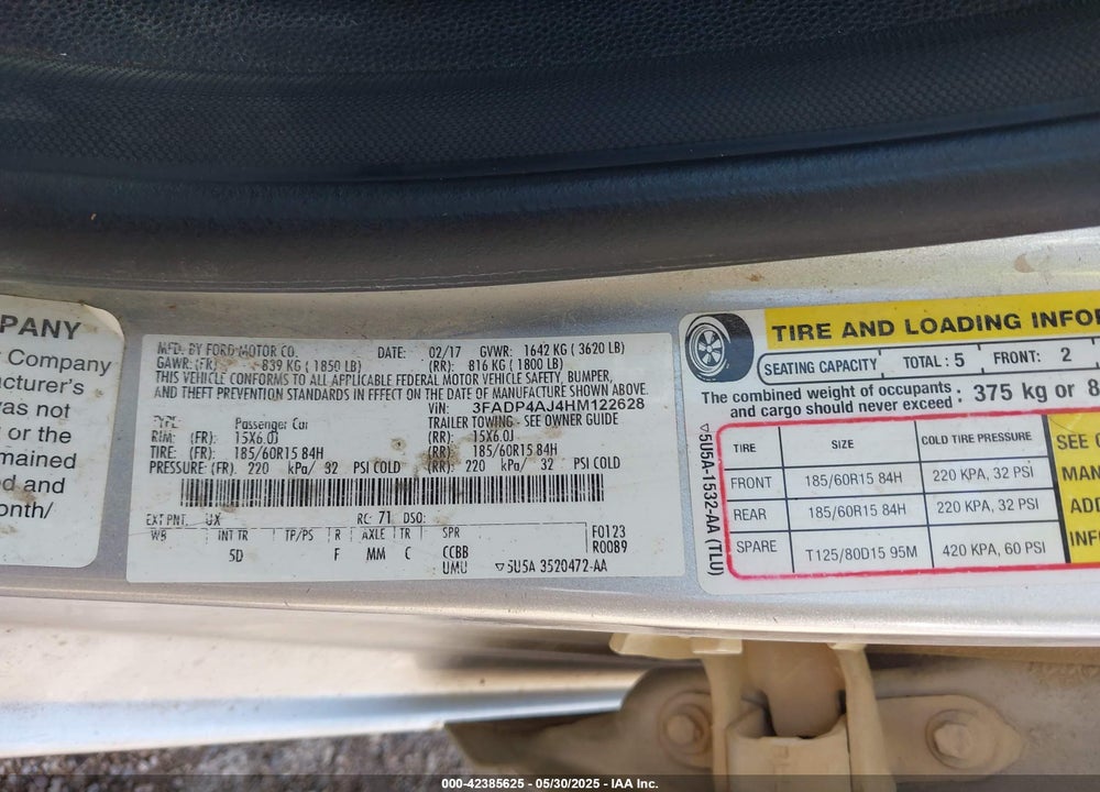 2017 FORD FIESTA VIN: 3FADP4AJ4HM122628