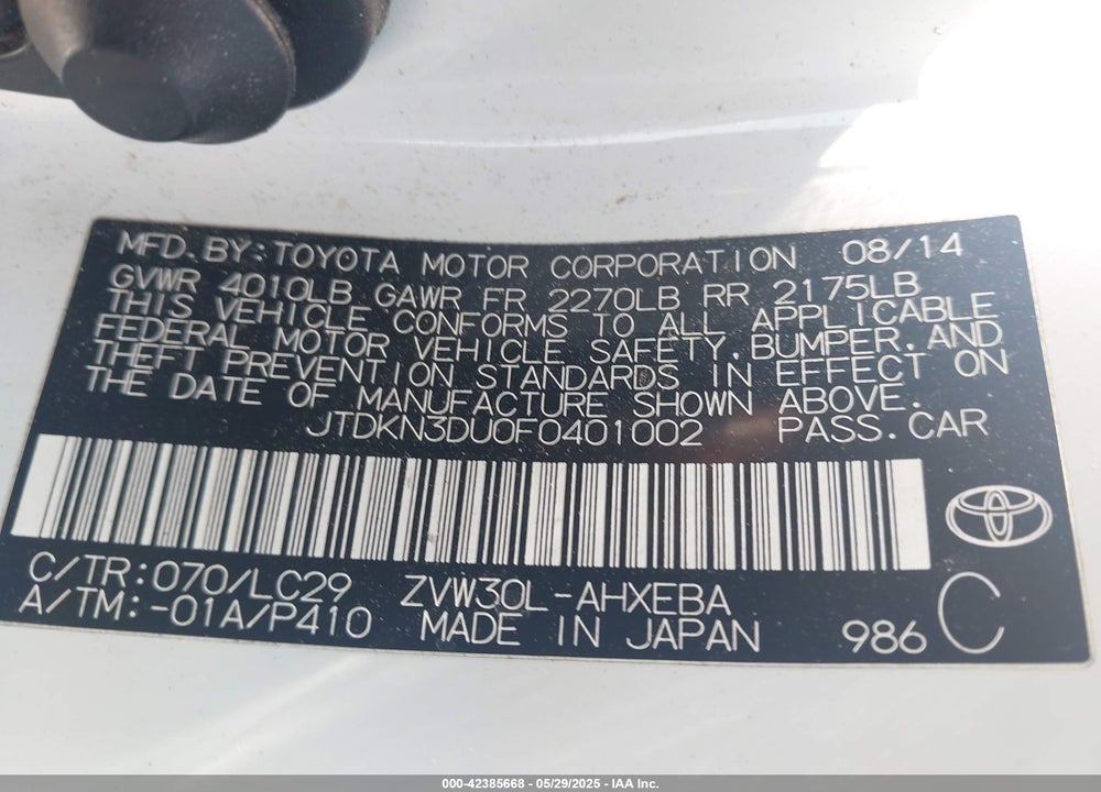 2015 TOYOTA PRIUS VIN: JTDKN3DU0F0401002