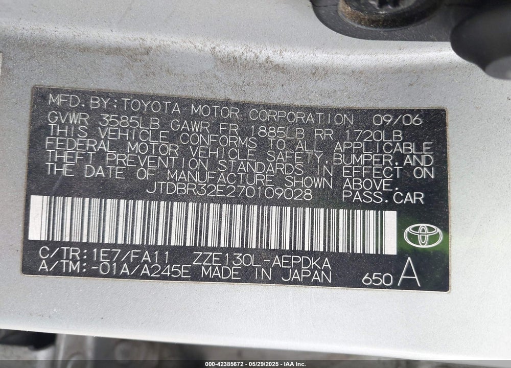 2007 TOYOTA COROLLA CE VIN: JTDBR32E270109028