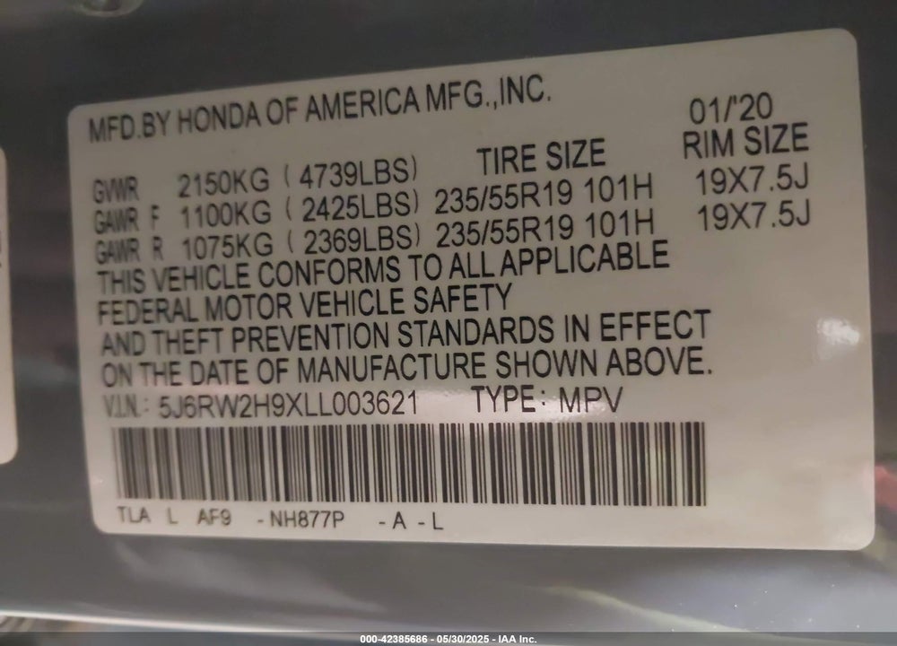 2020 HONDA CR-V VIN: 5J6RW2H9XLL003621