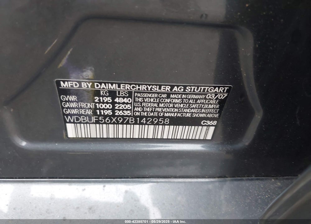 2007 MERCEDES-BENZ E 350 VIN: WDBUF56X97B142958