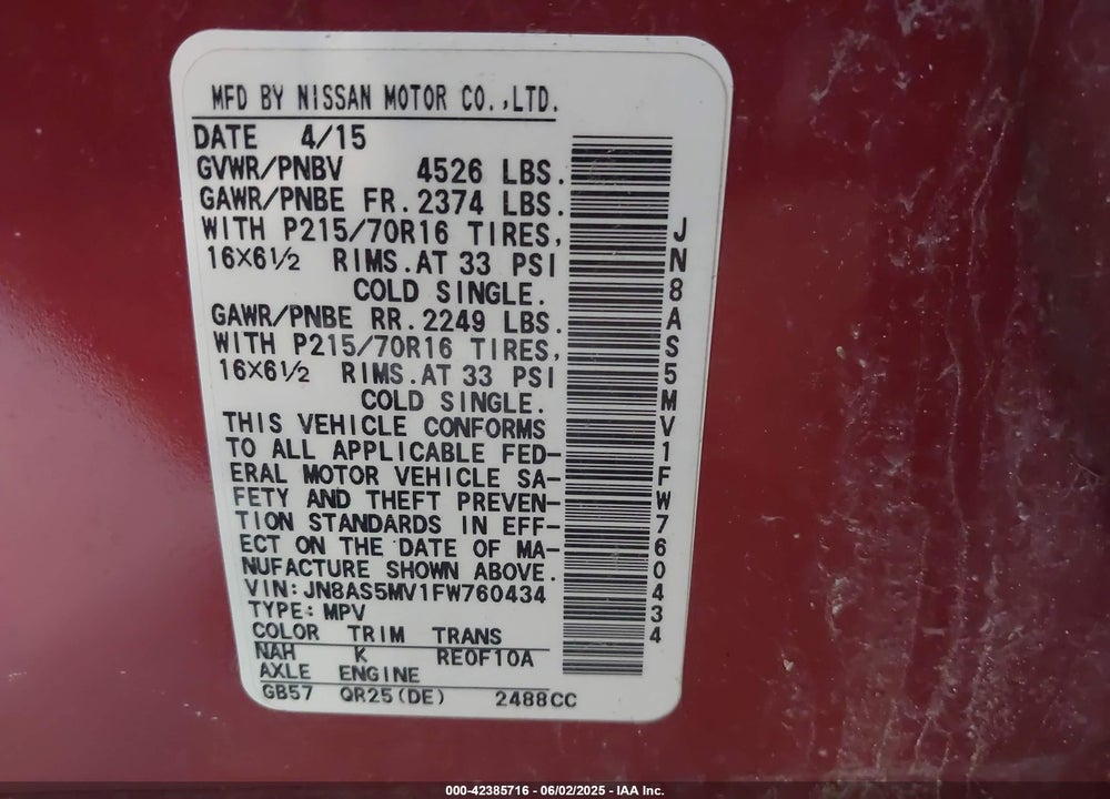 2015 NISSAN ROGUE SELECT VIN: JN8AS5MV1FW760434