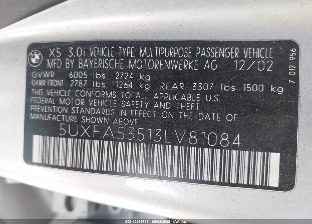 2003 BMW X5 3.0I VIN: 5UXFA53513LV81084