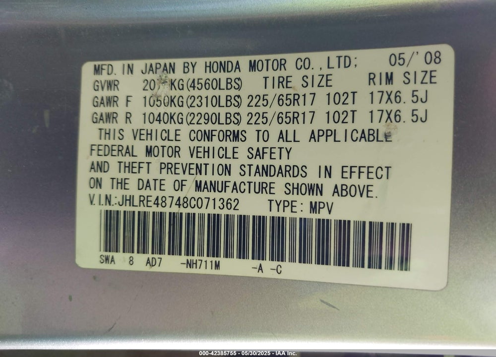 2008 HONDA CR-V EX-L VIN: JHLRE48748C071362
