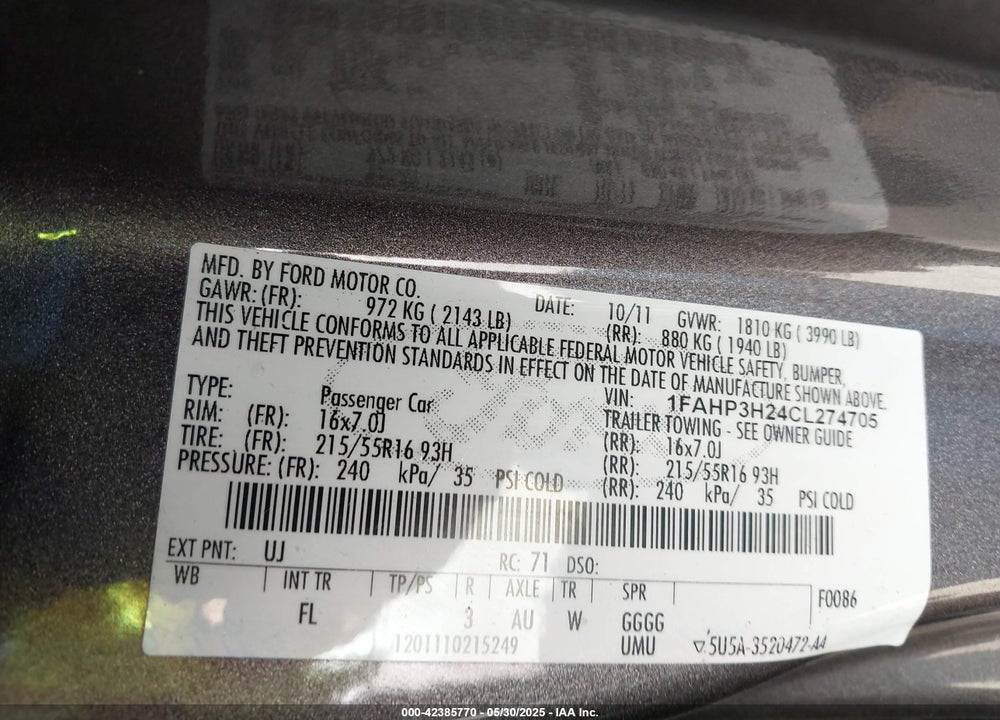 2012 FORD FOCUS VIN: 1FAHP3H24CL274705