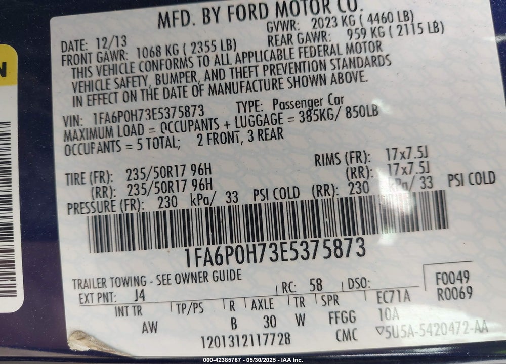 2014 FORD FUSION VIN: 1FA6P0H73E5375873