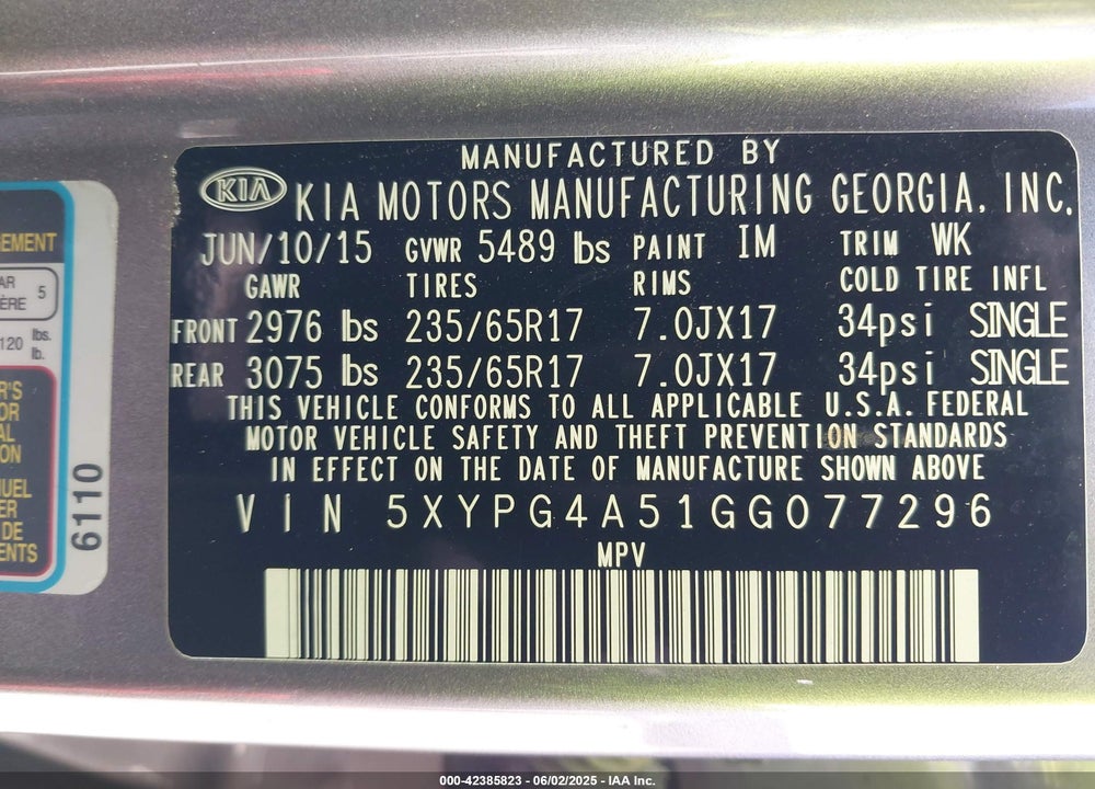 2016 KIA SORENTO 3.3L LX VIN: 5XYPG4A51GG077296