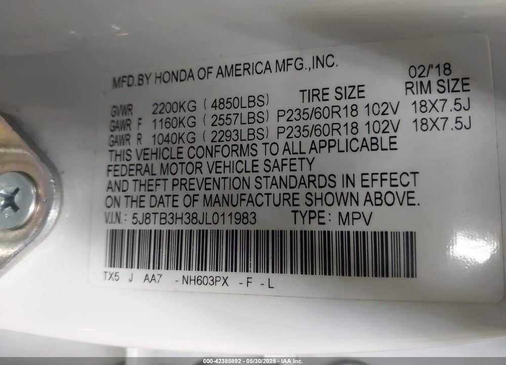 2018 ACURA RDX VIN: 5J8TB3H38JL011983
