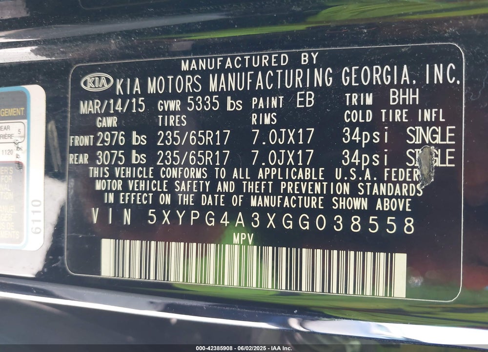 2016 KIA SORENTO 2.4L LX VIN: 5XYPG4A3XGG038558