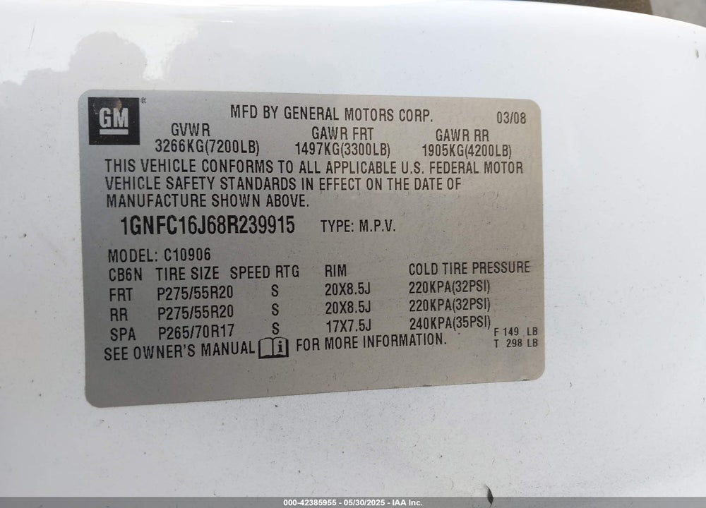 2008 CHEVROLET SUBURBAN 1500 VIN: 1GNFC16J68R239915