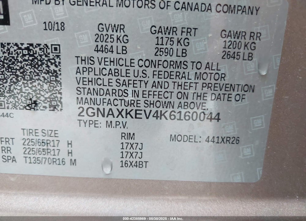 2019 CHEVROLET EQUINOX VIN: 2GNAXKEV4K6160044