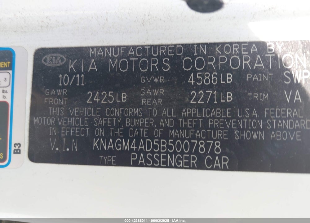 2011 KIA OPTIMA HYBRID VIN: KNAGM4AD5B5007878