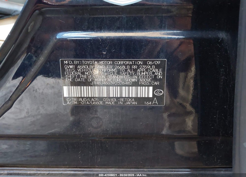 2009 LEXUS ES 350 VIN: JTHBJ46G392328482