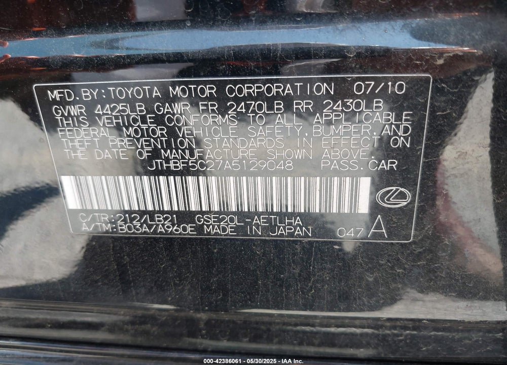 2010 LEXUS IS250 VIN: JTHBF5C27A5129048