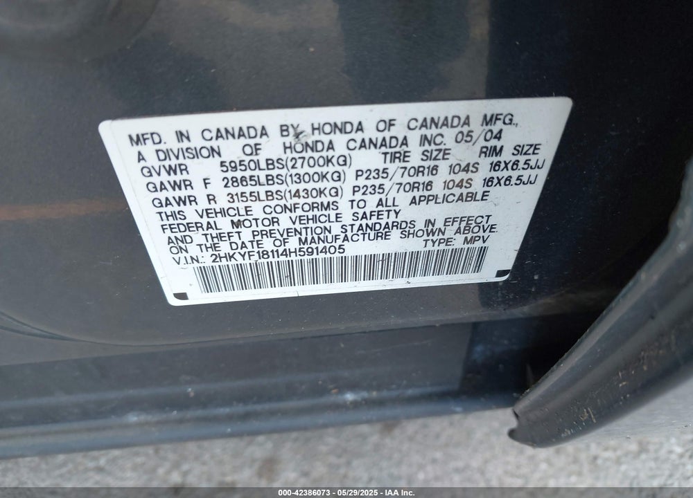 2004 HONDA PILOT LX VIN: 2HKYF18114H591405