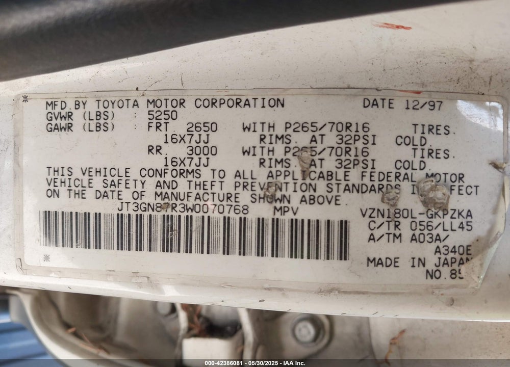 1998 TOYOTA 4RUNNER VIN: JT3GN87R3W0070768