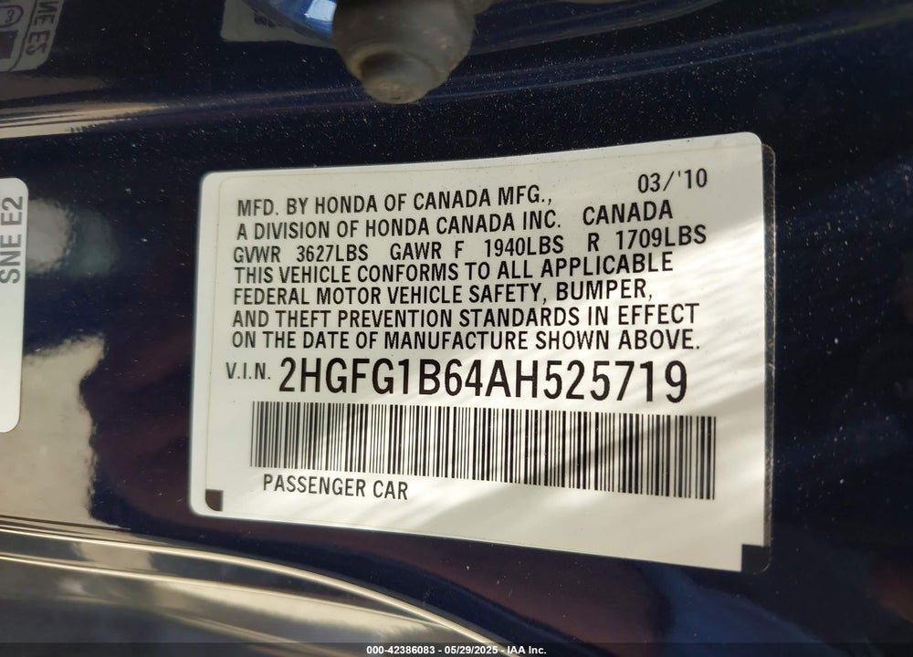2010 HONDA CIVIC VIN: 2HGFG1B64AH525719
