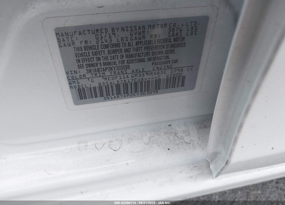 2019 NISSAN SENTRA VIN: 3N1AB7AP2KY303098