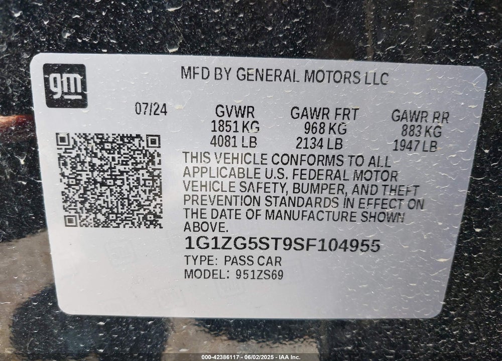 2025 CHEVROLET MALIBU VIN: 1G1ZG5ST9SF104955