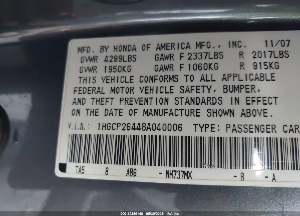 2008 HONDA ACCORD 2.4 LX-P VIN: 1HGCP26448A040006