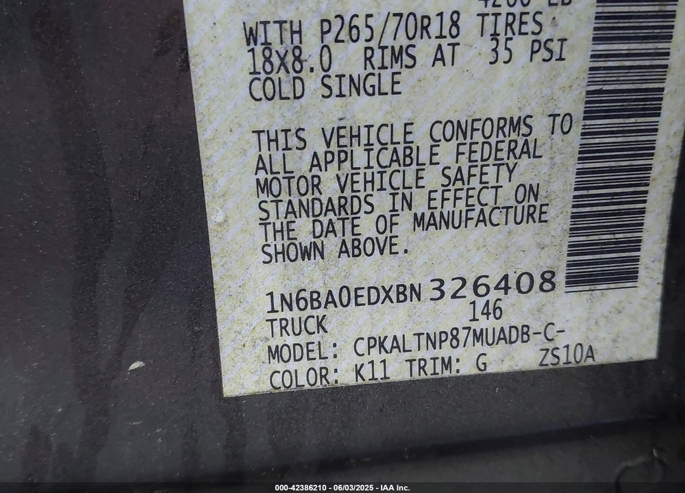 2011 NISSAN TITAN VIN: 1N6BA0EDXBN326408