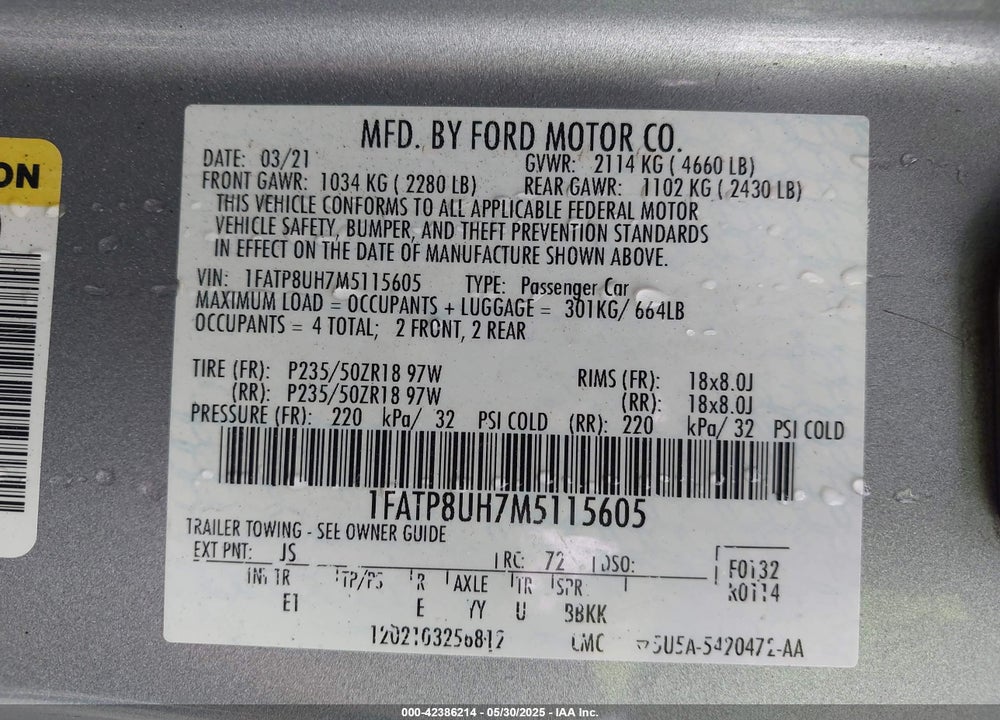 2021 FORD MUSTANG ECOBOOST PREMIUM VIN: 1FATP8UH7M5115605