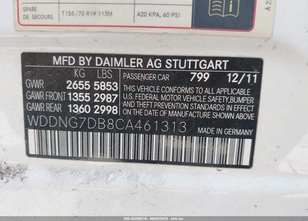 2012 MERCEDES-BENZ S 550 VIN: WDDNG7DB8CA461313