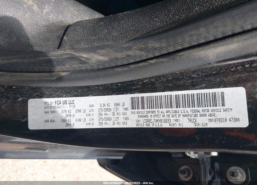 2019 RAM 1500 VIN: 1C6RREJT0KN916693