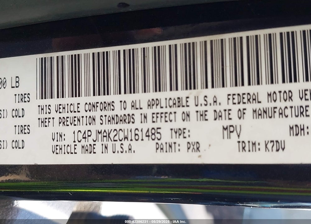 2012 JEEP LIBERTY VIN: 1C4PJMAK2CW161485