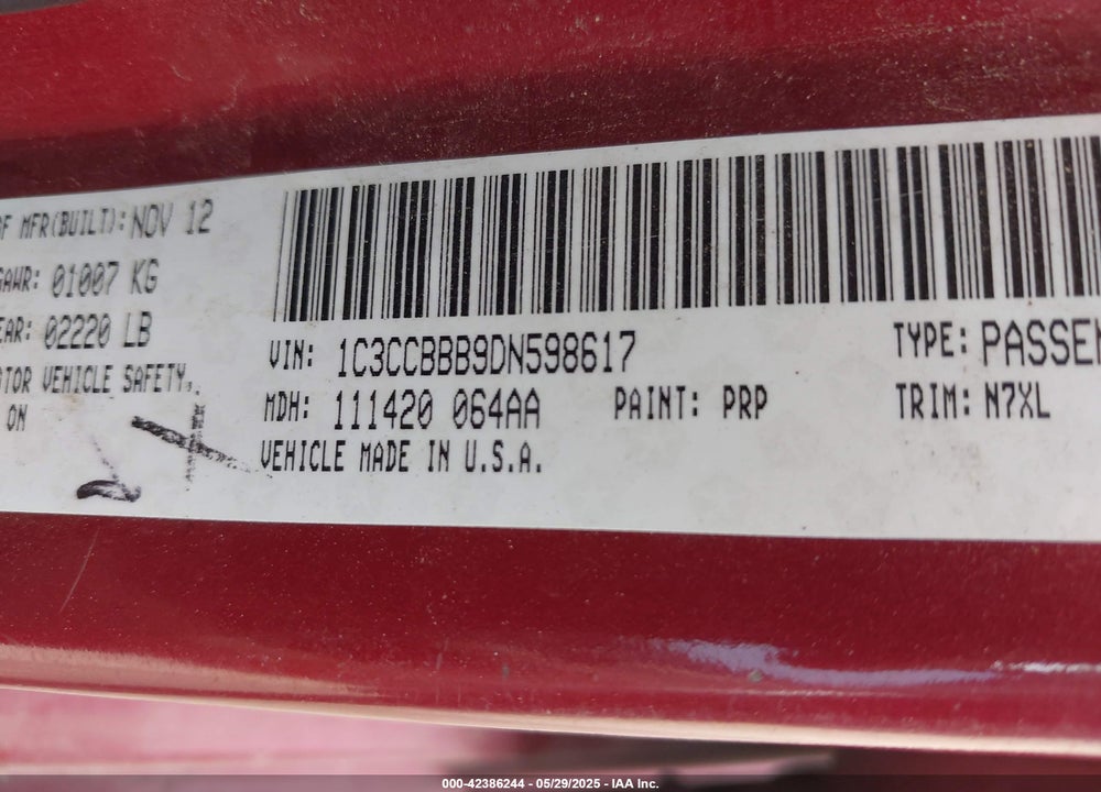 2013 CHRYSLER 200 TOURING VIN: 1C3CCBBB9DN598617