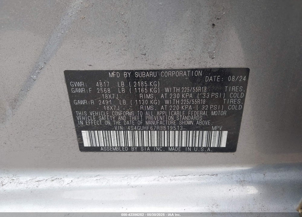 2024 SUBARU CROSSTREK SPORT VIN: 4S4GUHF67R3819513