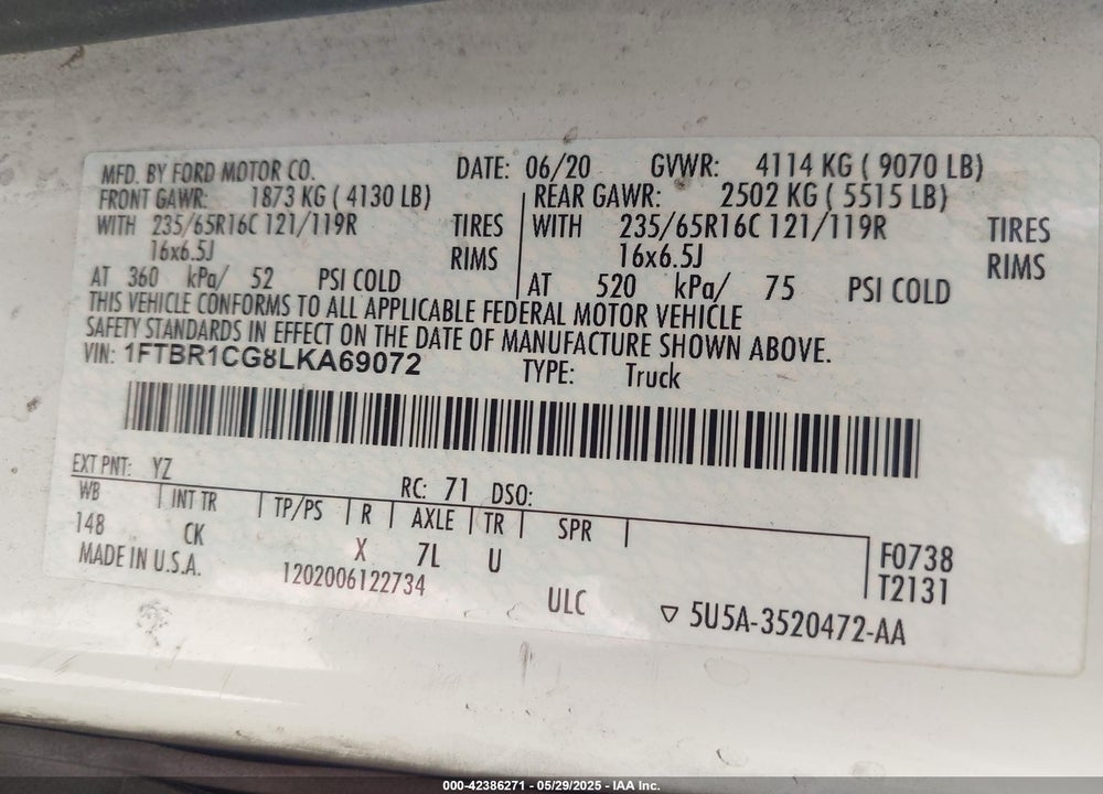 2020 FORD TRANSIT-250 VIN: 1FTBR1CG8LKA69072