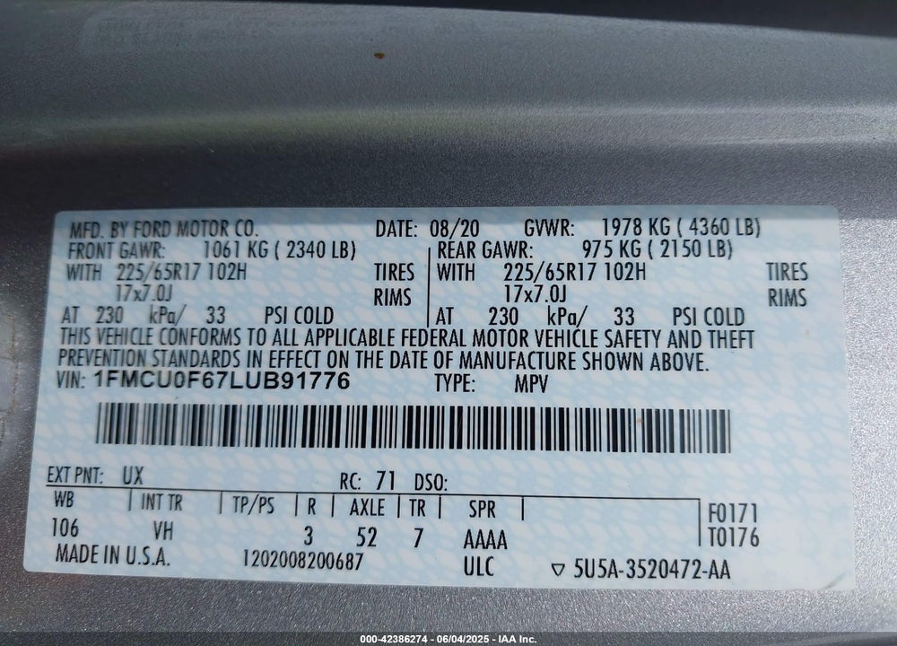 2020 FORD ESCAPE VIN: 1FMCU0F67LUB91776
