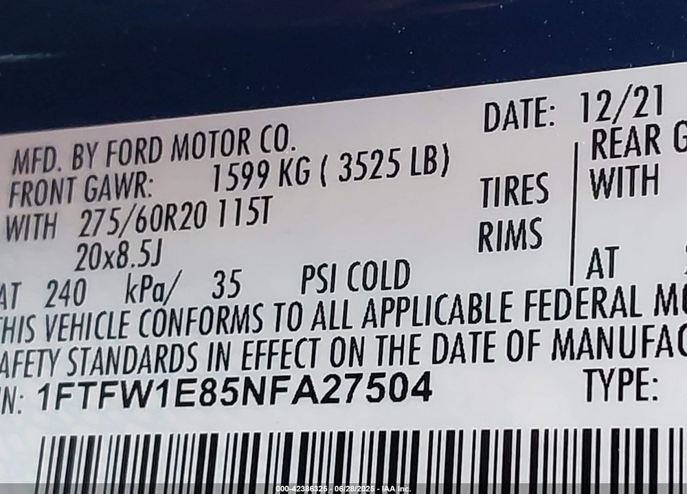 2022 FORD F-150 VIN: 1FTFW1E85NFA27504