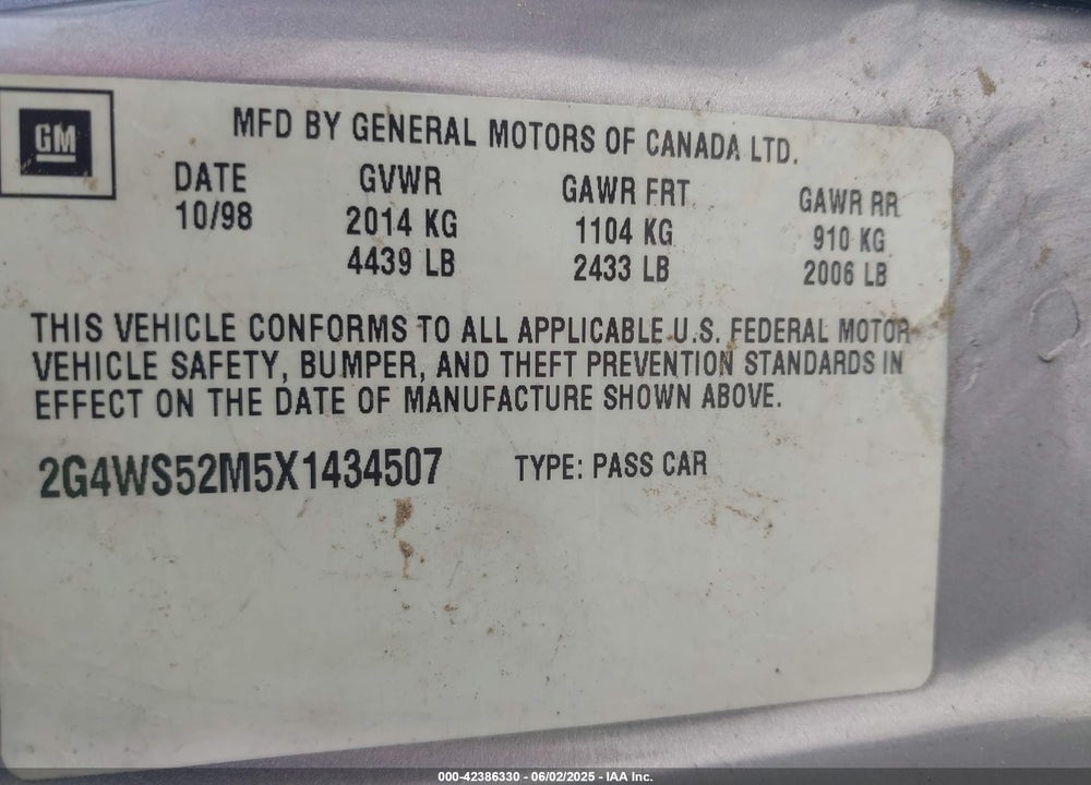 1999 BUICK CENTURY CUSTOM VIN: 2G4WS52M5X1434507