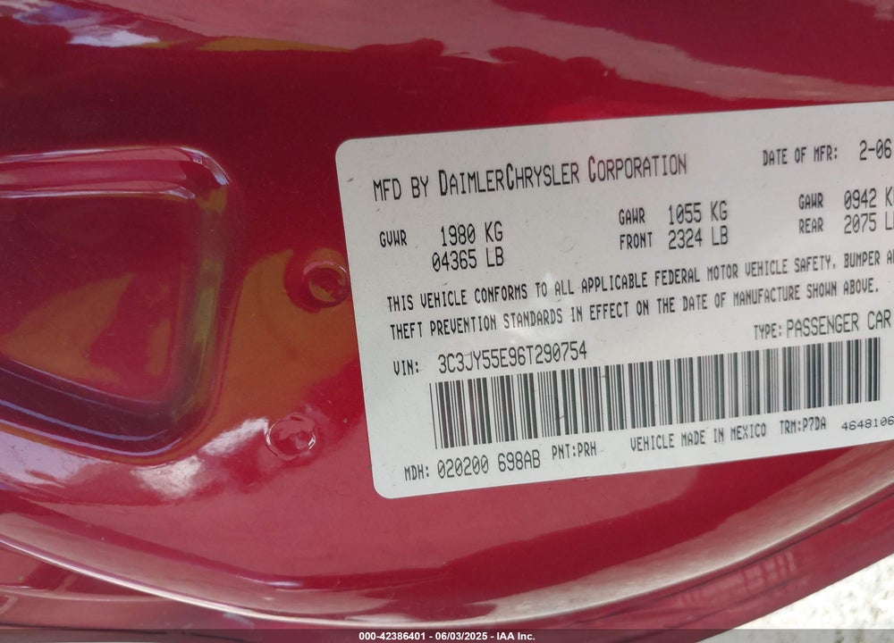 2006 CHRYSLER PT CRUISER VIN: 3C3JY55E96T290754