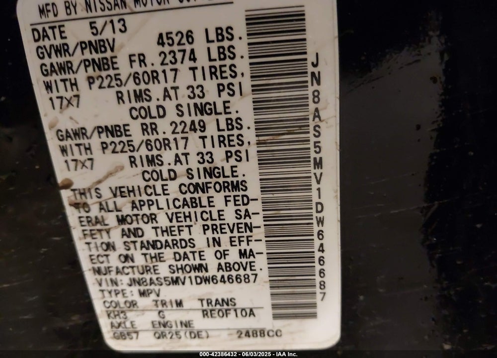 2013 NISSAN ROGUE VIN: JN8AS5MV1DW646687