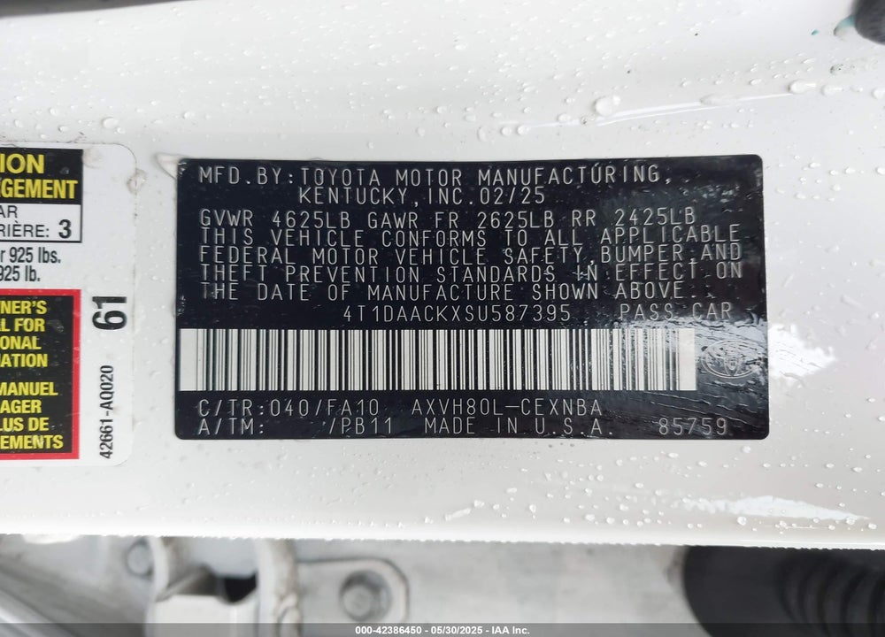 2025 TOYOTA CAMRY VIN: 4T1DAACKXSU587395