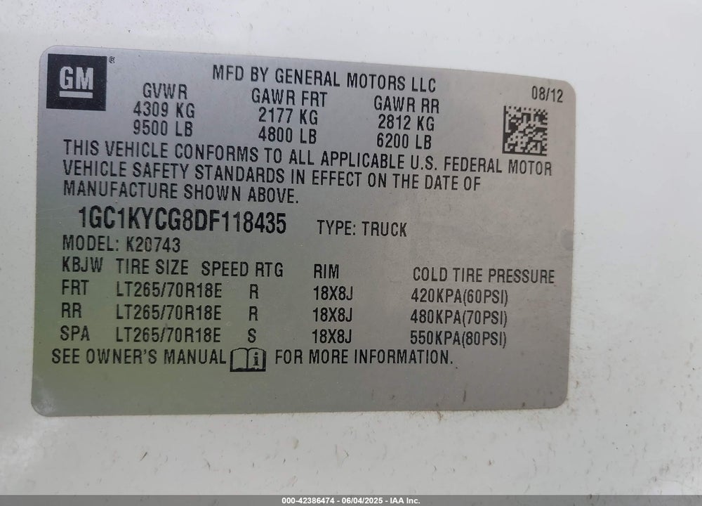 2013 CHEVROLET SILVERADO 2500 VIN: 1GC1KYCG8DF118435