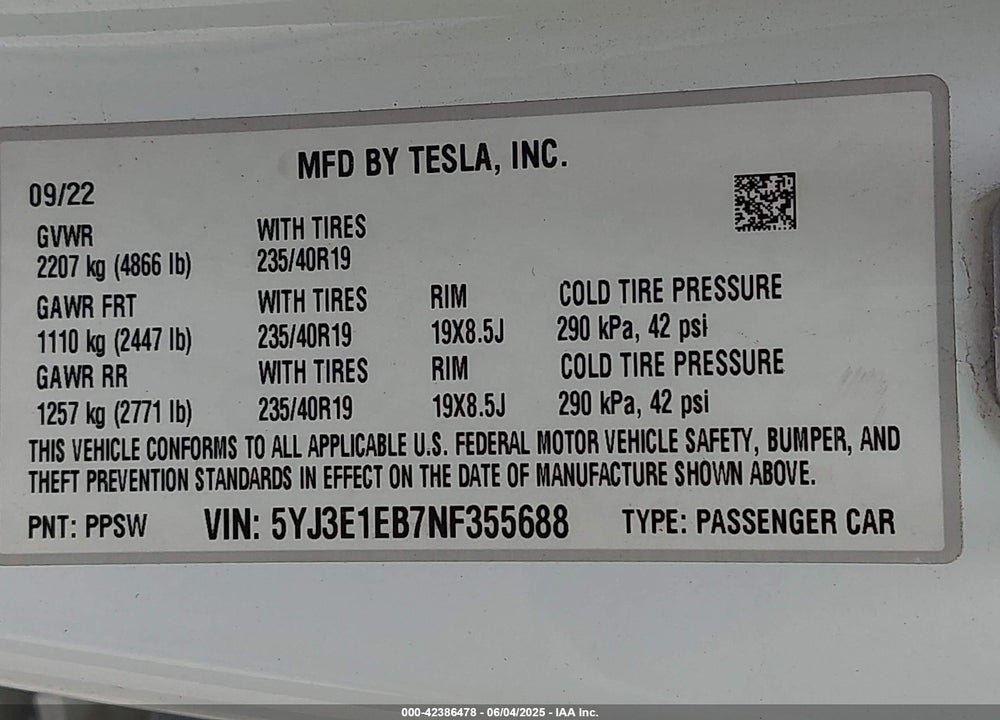2022 TESLA MODEL 3 VIN: 5YJ3E1EB7NF355688
