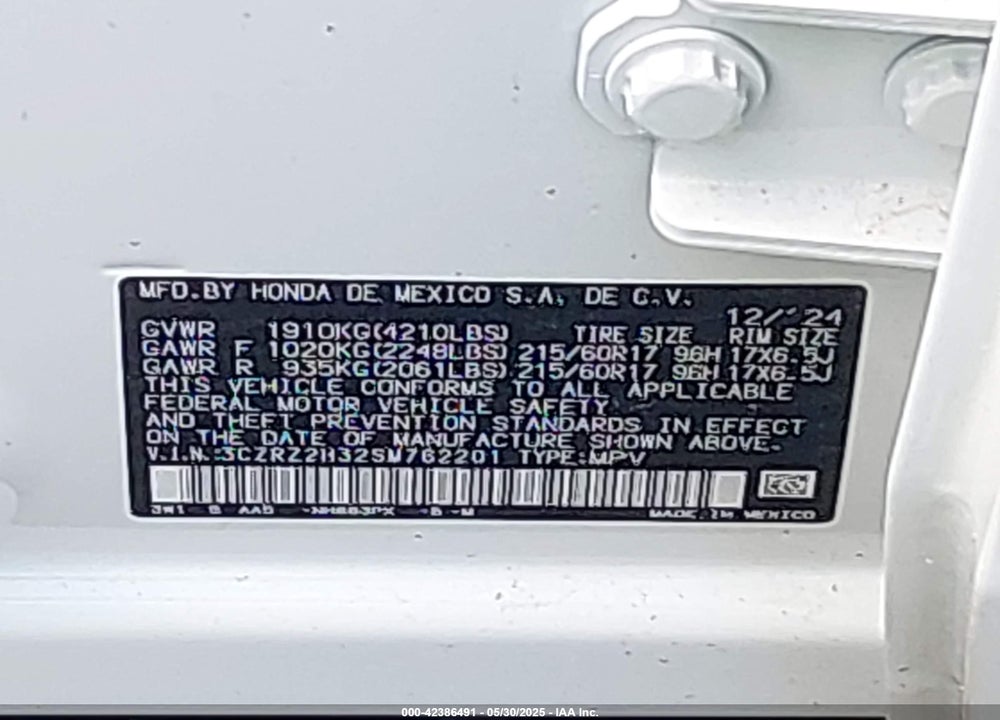 2025 HONDA HR-V VIN: 3CZRZ2H32SM762201