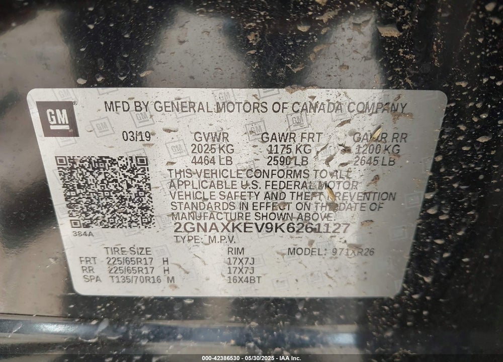 2019 CHEVROLET EQUINOX VIN: 2GNAXKEV9K6261127
