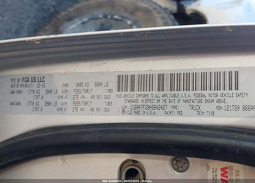 2017 RAM 1500 VIN: 1C6RR7FG9HS642427